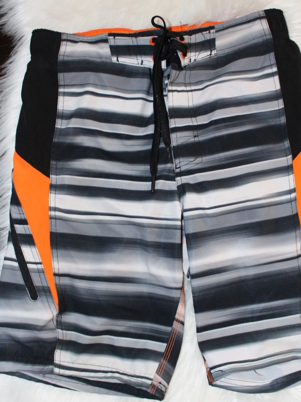 ZeroXPosur  Gray & Black Striped Swim Trunks with Orange Accents